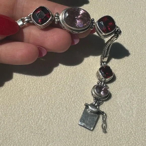 925 Sterling Silver Faceted Garnet and Rose Quartz bracelet